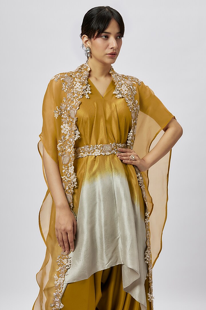 Mustard Organza Resham Work Cape Set by Prisho at Pernia's Pop Up Shop