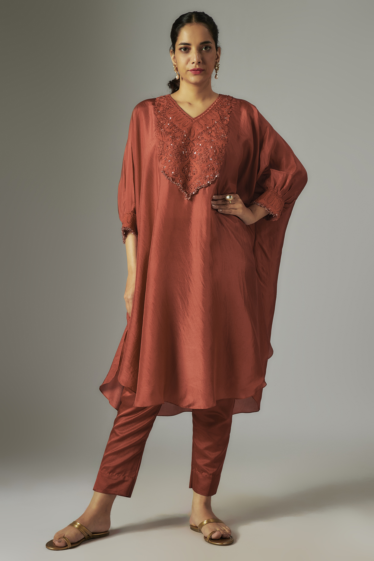 Red Crepe Resham Work Kaftan Set by Prisho at Pernia's Pop Up Shop