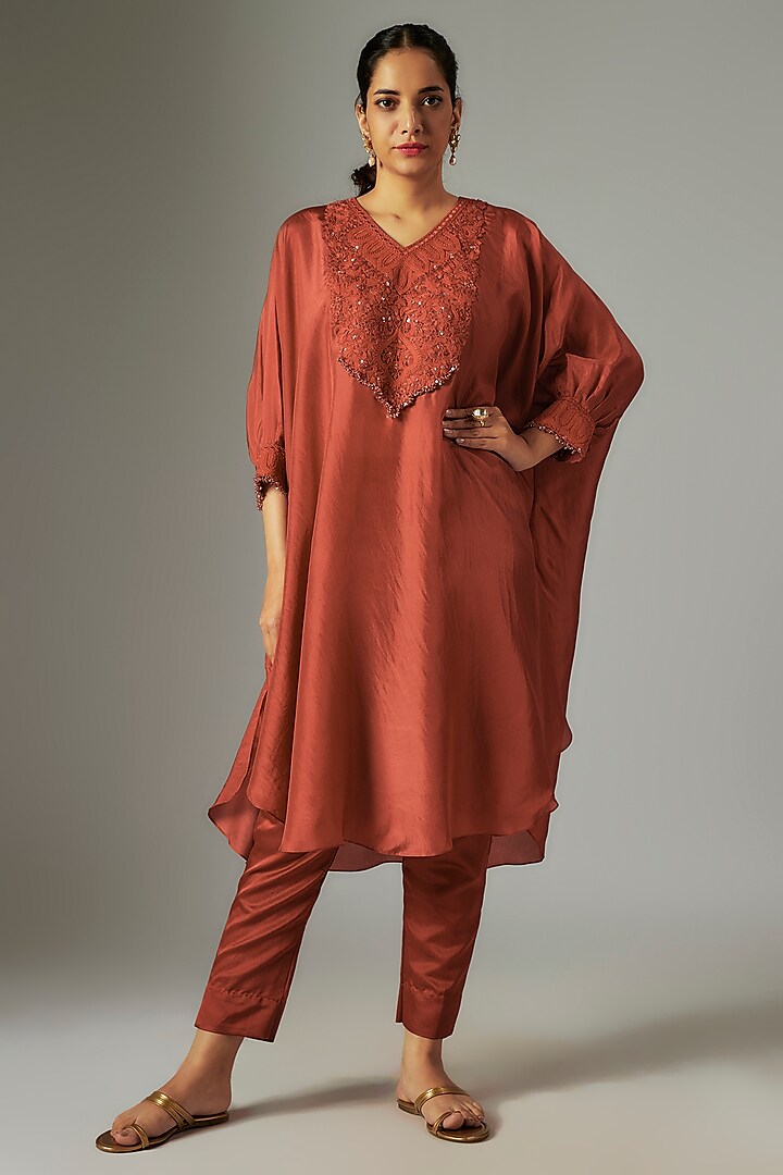 Red Crepe Resham Work Kaftan Set by Prisho at Pernia's Pop Up Shop