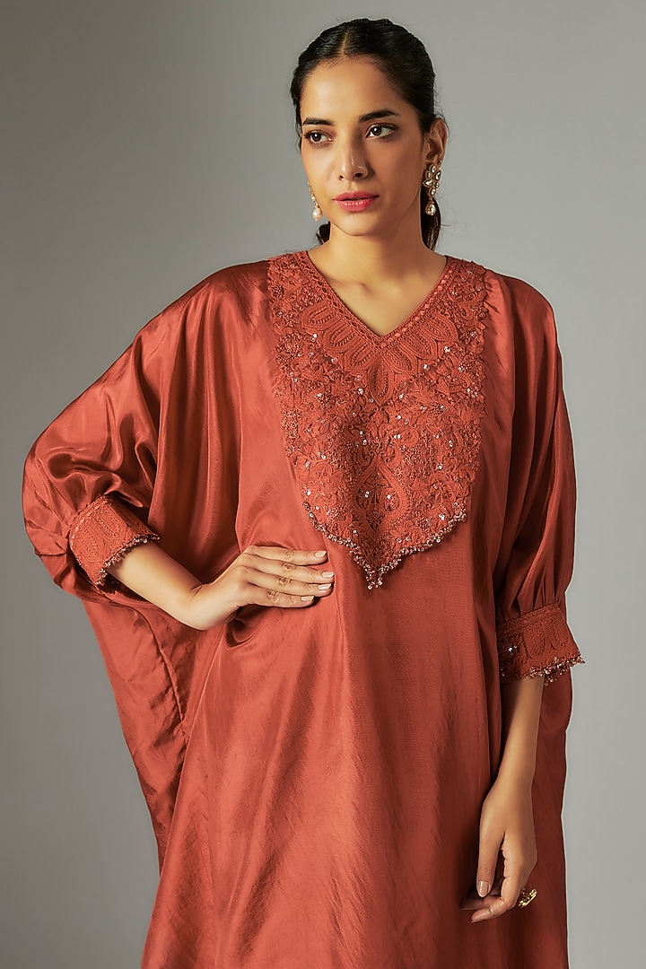 Red Crepe Resham Work Kaftan Set by Prisho at Pernia's Pop Up Shop
