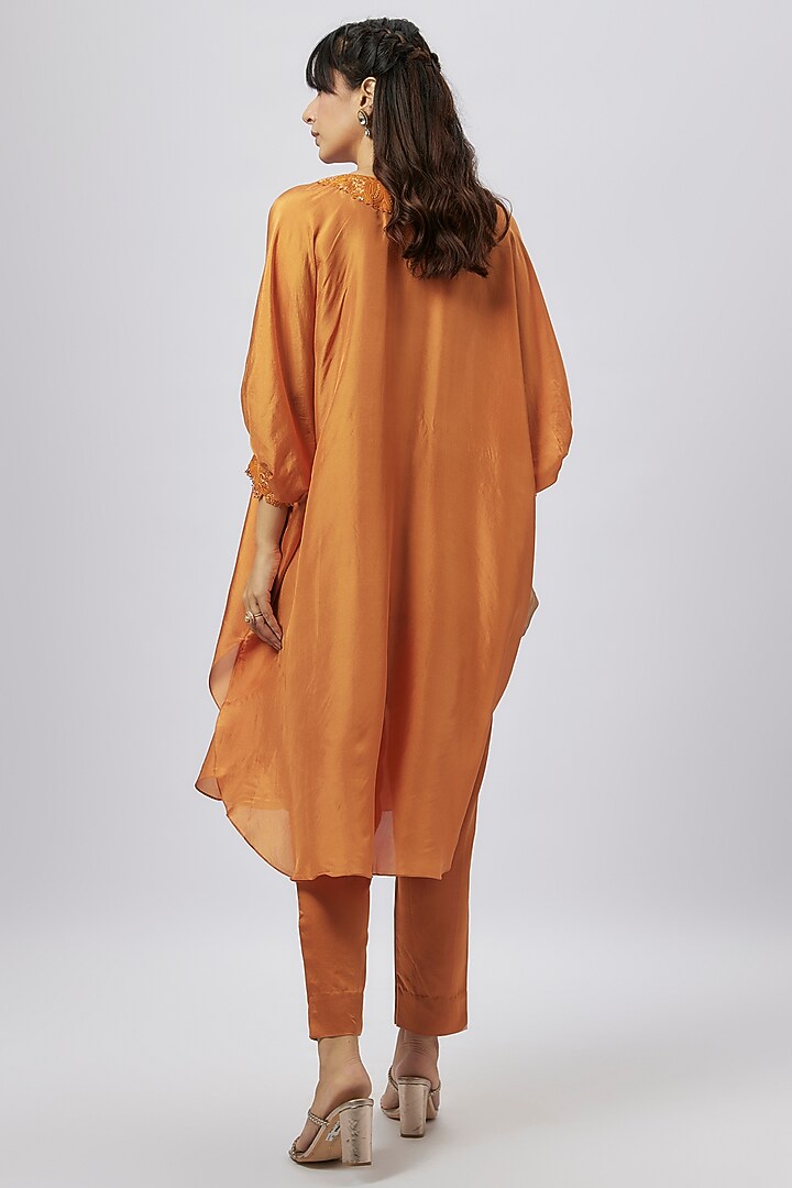 Orange Crepe Applique Work Kaftan Set by Prisho at Pernia's Pop Up Shop