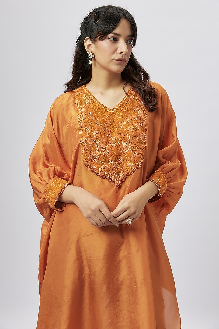 Orange Crepe Applique Work Kaftan Set by Prisho at Pernia's Pop Up Shop