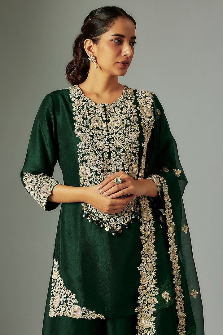 Dark Green Organza Wedding Sharara Set by Prisho at Pernia's Pop Up Shop
