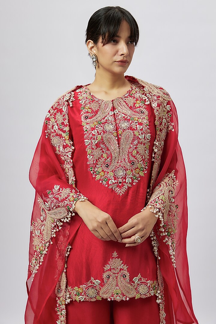 Red Organza Wedding Sharara Set by Prisho at Pernia's Pop Up Shop