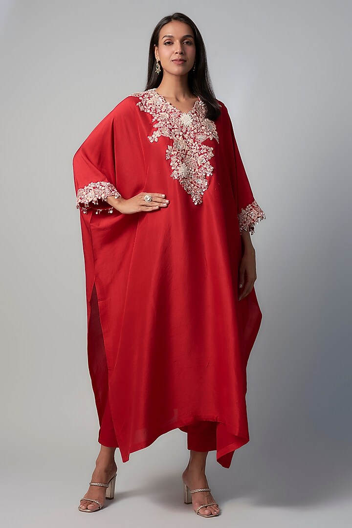 Deep Orange Silk Resham Embroidered Kaftan Set by Prisho at Pernia's Pop Up Shop