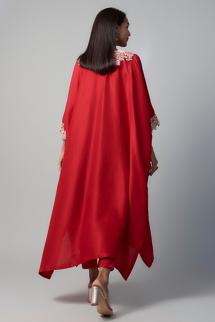 Deep Orange Silk Resham Embroidered Kaftan Set by Prisho at Pernia's Pop Up Shop
