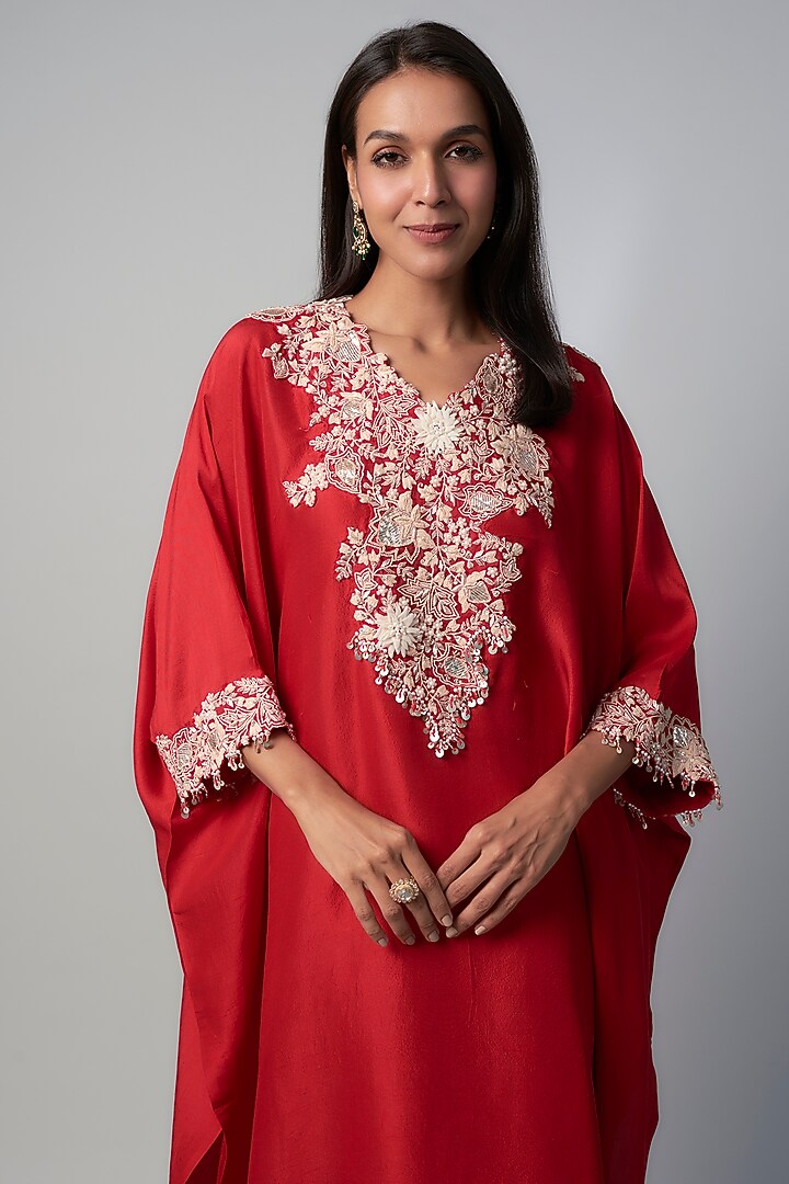 Deep Orange Silk Resham Embroidered Kaftan Set by Prisho at Pernia's Pop Up Shop