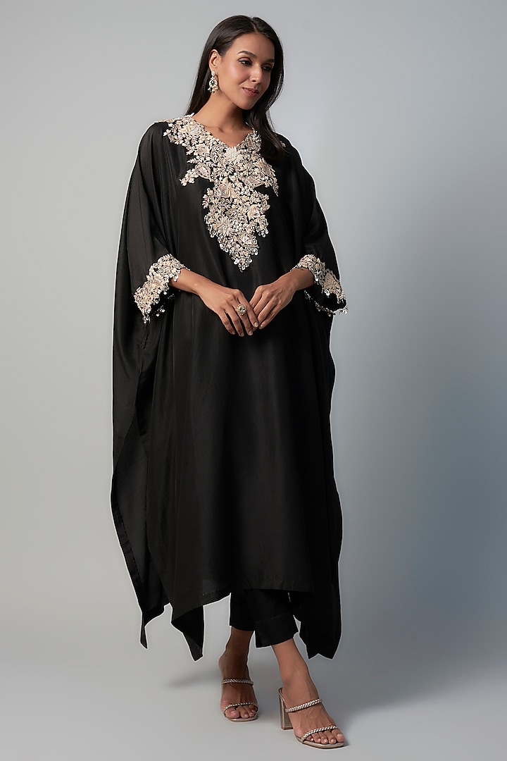 Black Silk Resham Embroidered Kaftan Set by Prisho at Pernia's Pop Up Shop