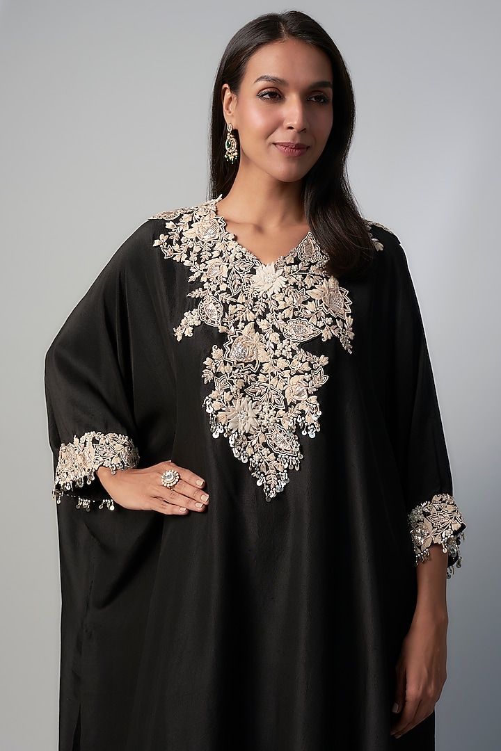 Black Silk Resham Embroidered Kaftan Set by Prisho at Pernia's Pop Up Shop