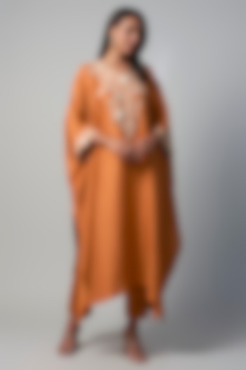 Rust Silk Resham Embroidered Kaftan Set by Prisho at Pernia's Pop Up Shop