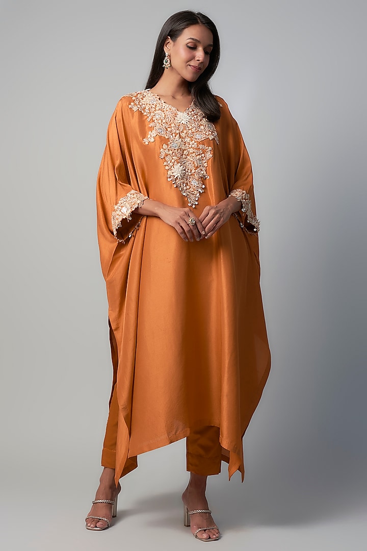 Rust Silk Resham Embroidered Kaftan Set by Prisho at Pernia's Pop Up Shop