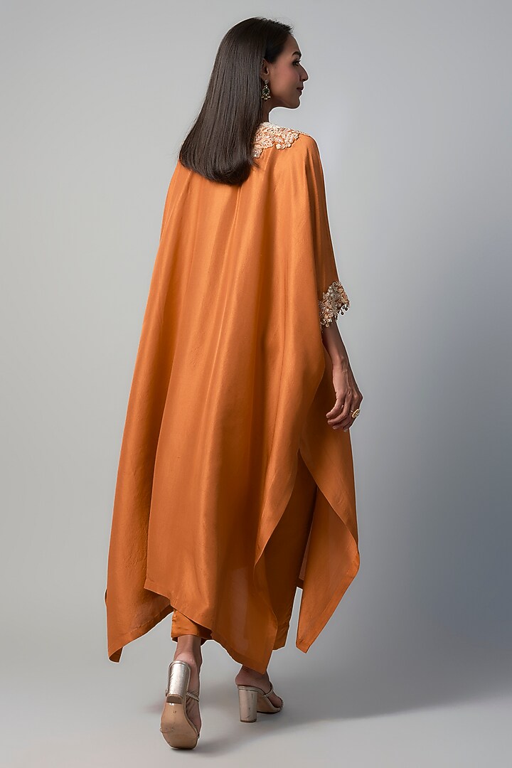 Rust Silk Resham Embroidered Kaftan Set by Prisho at Pernia's Pop Up Shop