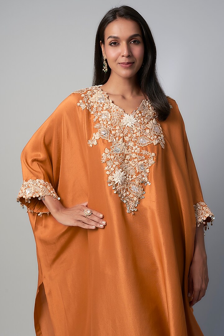 Rust Silk Resham Embroidered Kaftan Set by Prisho at Pernia's Pop Up Shop
