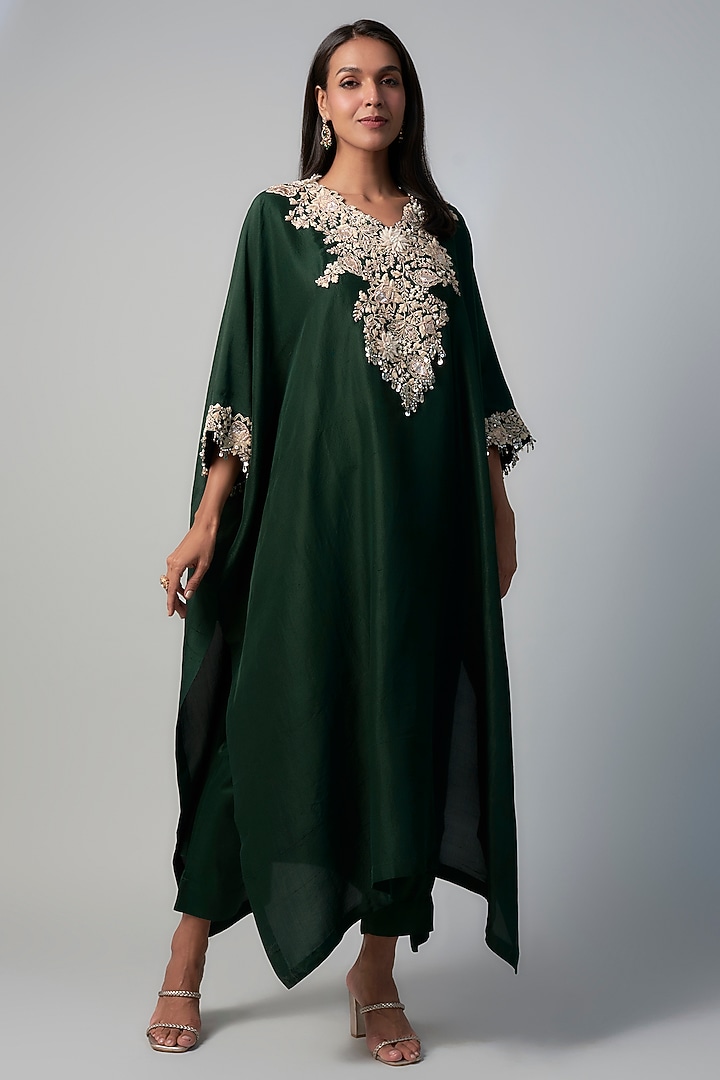 Bottle Green Silk Resham Embroidered Kaftan Set by Prisho at Pernia's Pop Up Shop