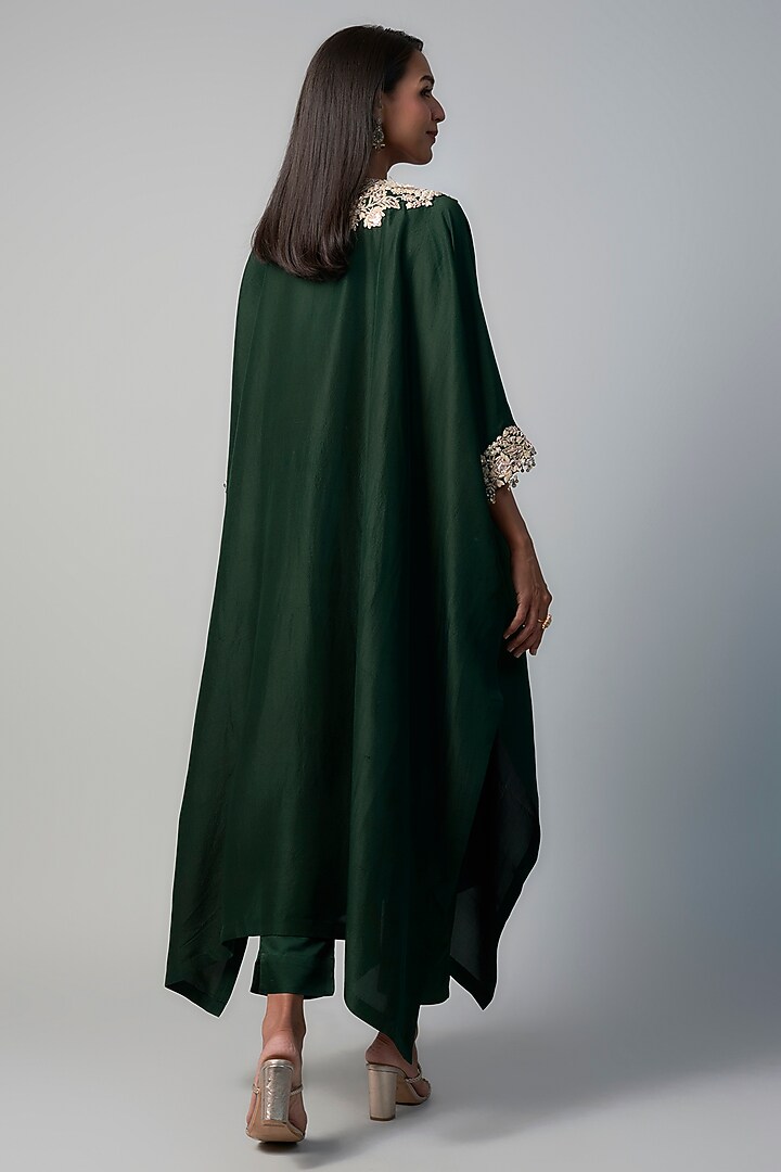 Bottle Green Silk Resham Embroidered Kaftan Set by Prisho at Pernia's Pop Up Shop