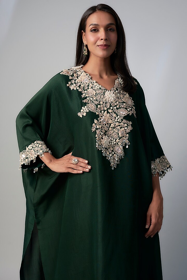 Bottle Green Silk Resham Embroidered Kaftan Set by Prisho at Pernia's Pop Up Shop