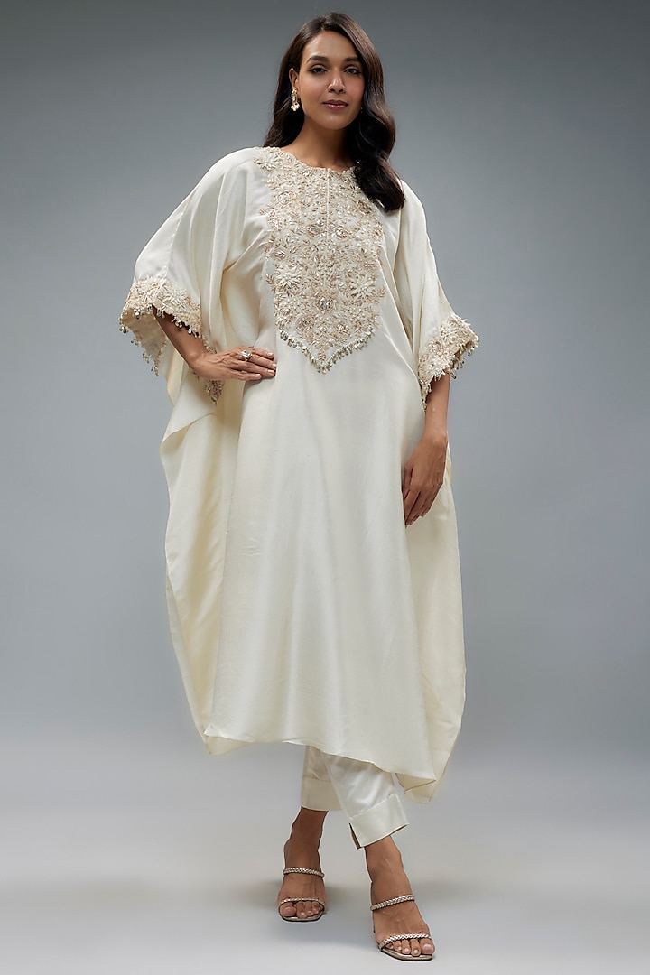 Ivory Silk Resham Embroidered Kaftan Set by Prisho at Pernia's Pop Up Shop