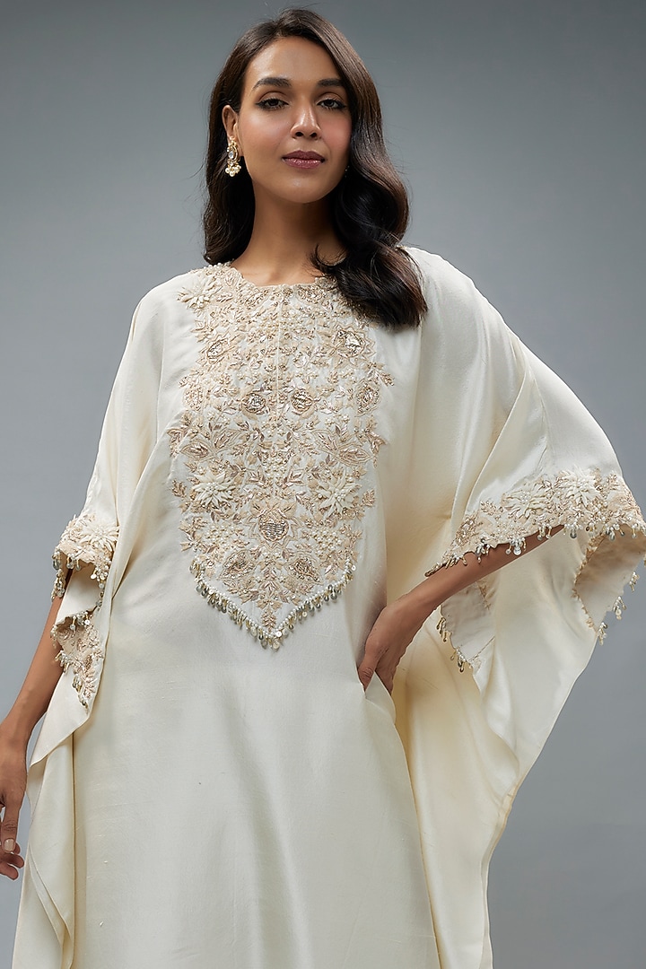 Ivory Silk Resham Embroidered Kaftan Set by Prisho at Pernia's Pop Up Shop