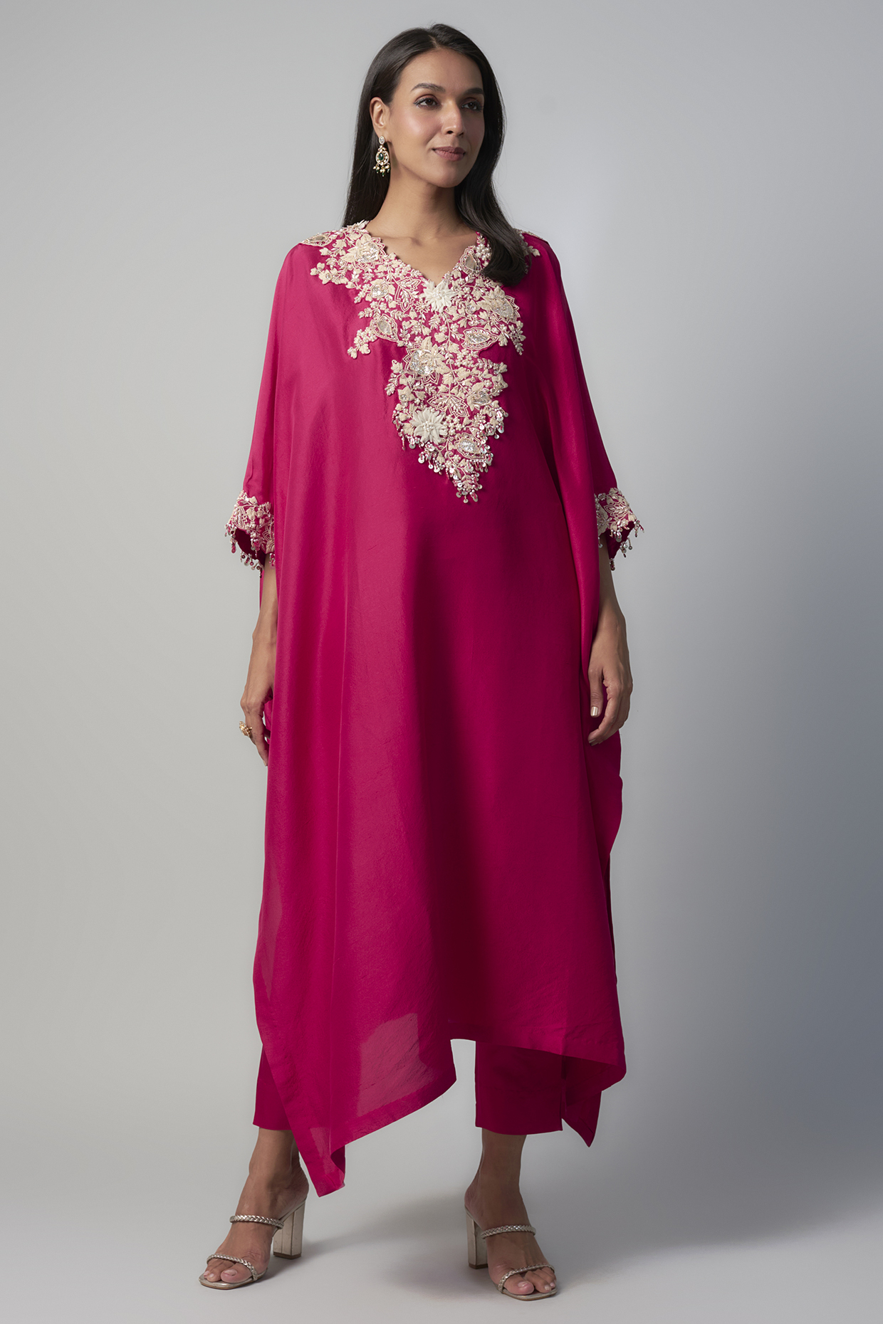 Red Silk Resham Embroidered Kaftan Set by Prisho at Pernia's Pop Up Shop