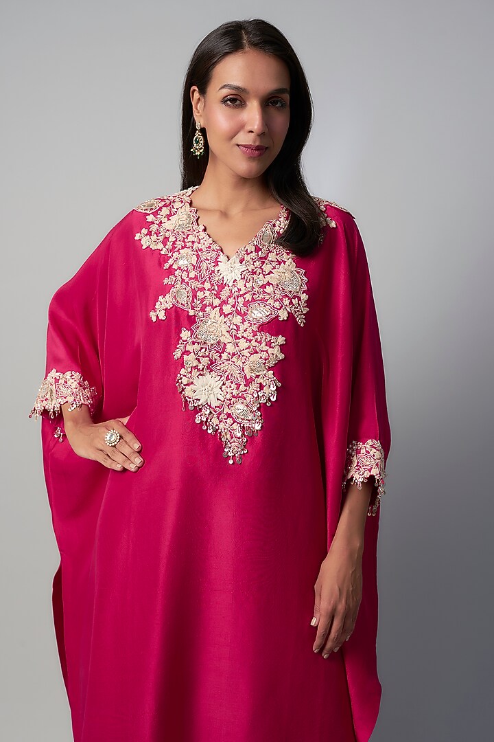 Red Silk Resham Embroidered Kaftan Set by Prisho at Pernia's Pop Up Shop