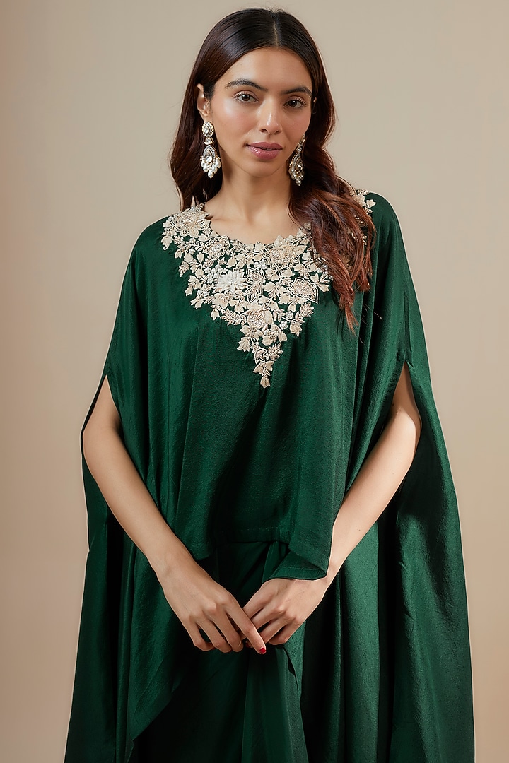 Bottle Green Silk Resham Work Kaftan Set by Prisho at Pernia's Pop Up Shop