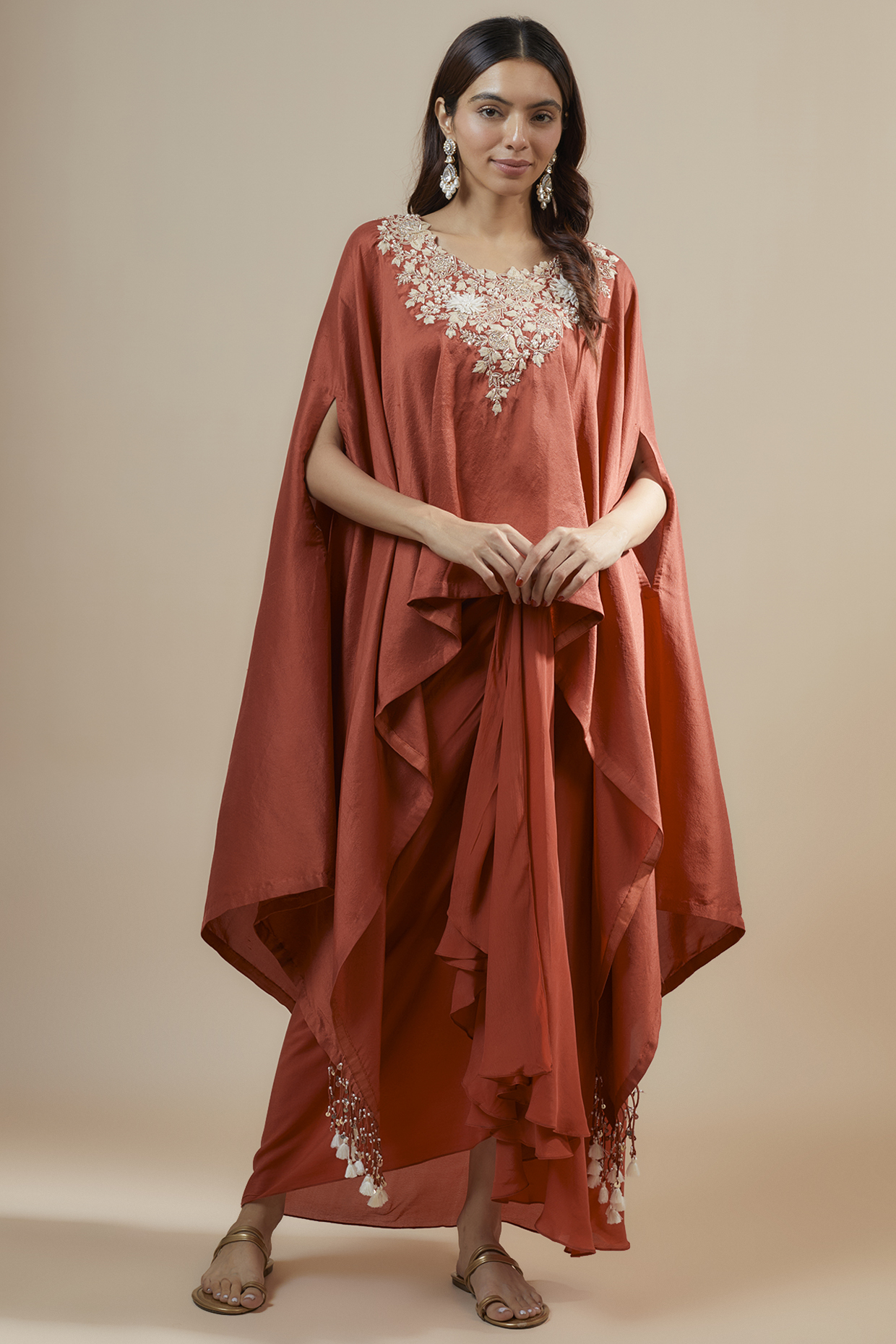 Deep Orange Silk Resham Work Kaftan Set by Prisho at Pernia's Pop Up Shop