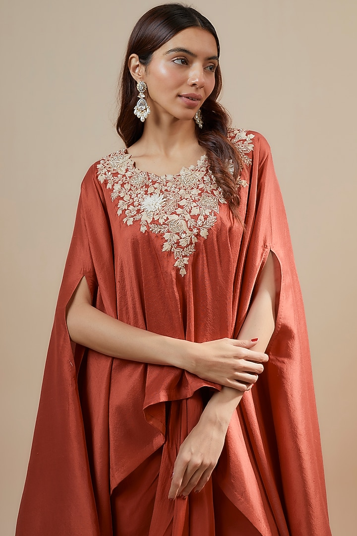 Deep Orange Silk Resham Work Kaftan Set by Prisho at Pernia's Pop Up Shop