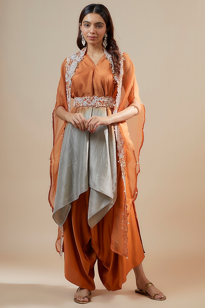 Rust Organza Resham & Maal Work Cape Set by Prisho at Pernia's Pop Up Shop