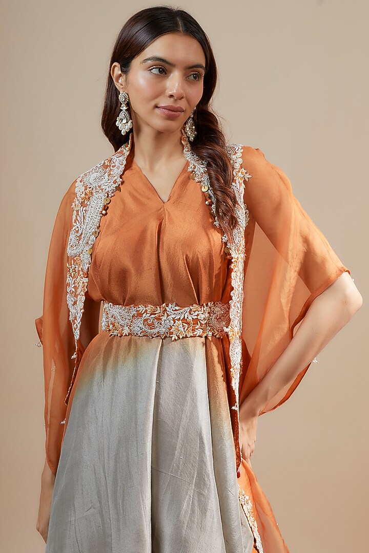 Rust Organza Resham & Maal Work Cape Set by Prisho at Pernia's Pop Up Shop