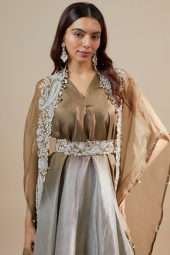 Mehendi Green Organza Resham & Maal Work Cape Set by Prisho at Pernia's Pop Up Shop