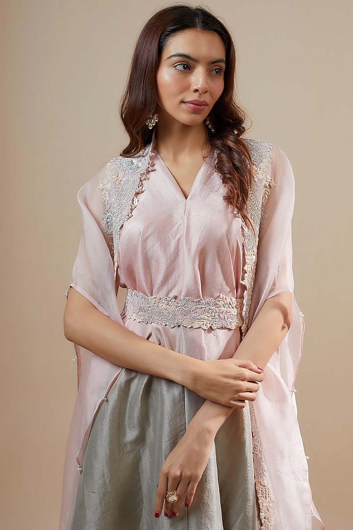 Flamingo Pink Organza Resham & Maal Work Cape Set by Prisho at Pernia's Pop Up Shop