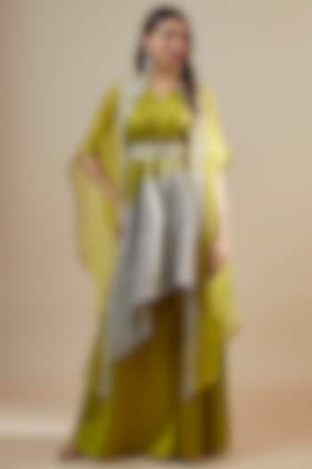 Lime Green Organza Resham & Maal Work Cape Set by Prisho at Pernia's Pop Up Shop