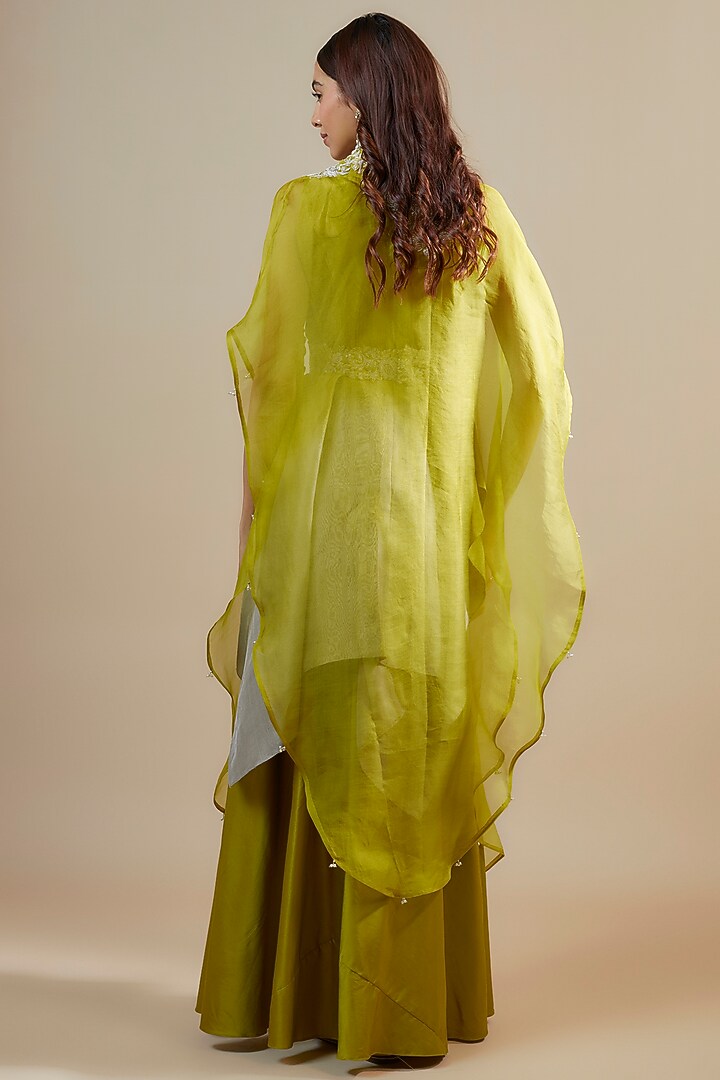 Lime Green Organza Resham & Maal Work Cape Set by Prisho at Pernia's Pop Up Shop