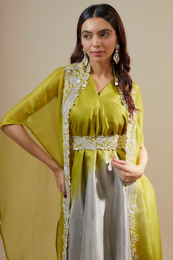Lime Green Organza Resham & Maal Work Cape Set by Prisho at Pernia's Pop Up Shop