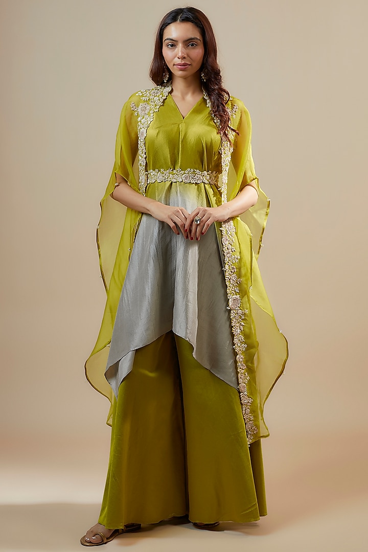 Lime Green Organza Resham Work Cape Set by Prisho at Pernia's Pop Up Shop