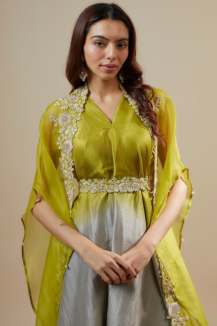 Lime Green Organza Resham Work Cape Set by Prisho at Pernia's Pop Up Shop