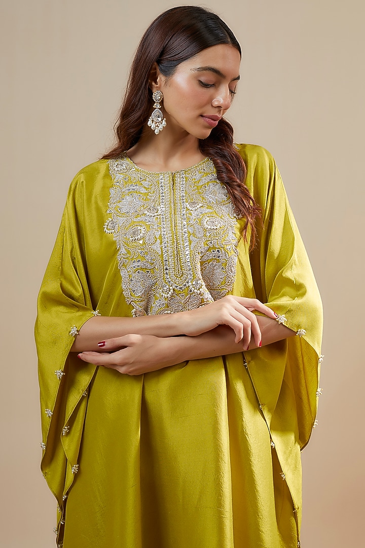 Lime Green Silk Gota Work Kaftan Set by Prisho at Pernia's Pop Up Shop