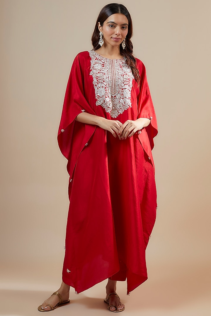 Red Silk Gota Work Kaftan Set by Prisho