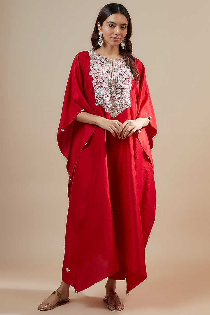 Red Silk Gota Work Kaftan Set by Prisho at Pernia's Pop Up Shop