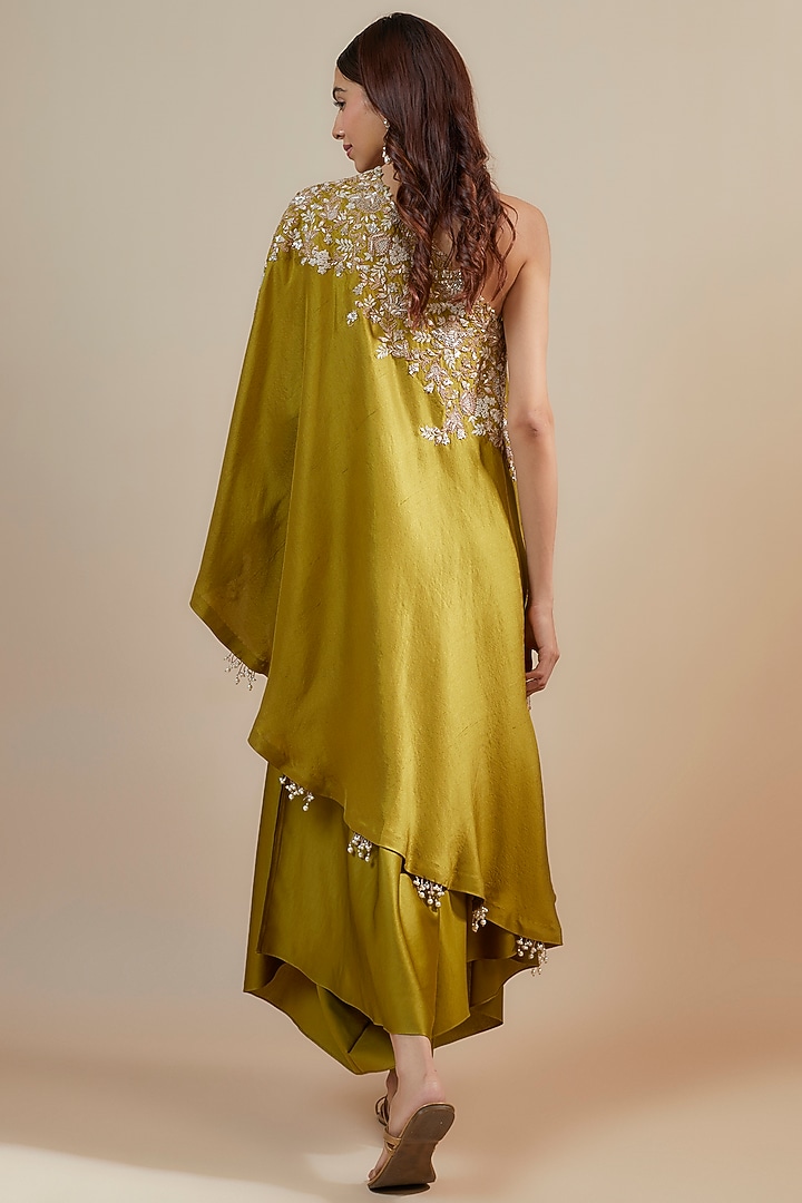 Olive Green Silk Resham & Dori Work Off-Shoulder Tunic Set by Prisho at Pernia's Pop Up Shop