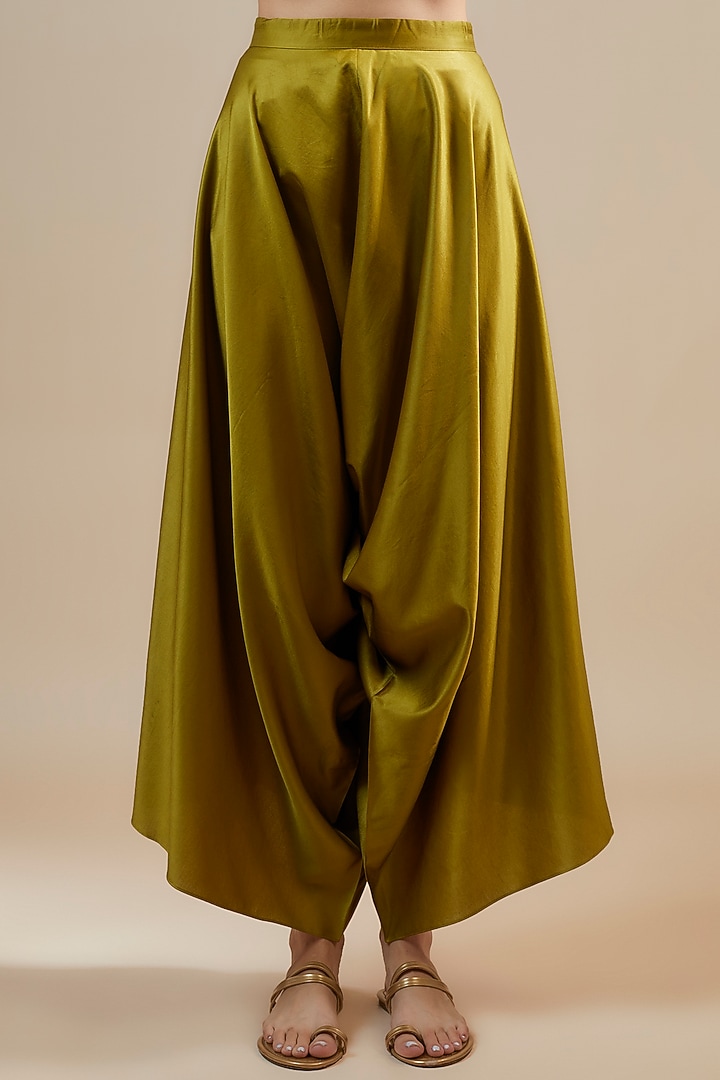Olive Green Silk Resham & Dori Work Off-Shoulder Tunic Set by Prisho at Pernia's Pop Up Shop