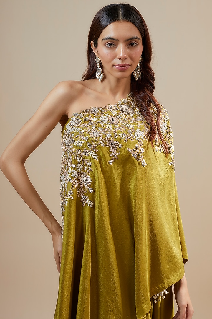 Olive Green Silk Resham & Dori Work Off-Shoulder Tunic Set by Prisho at Pernia's Pop Up Shop