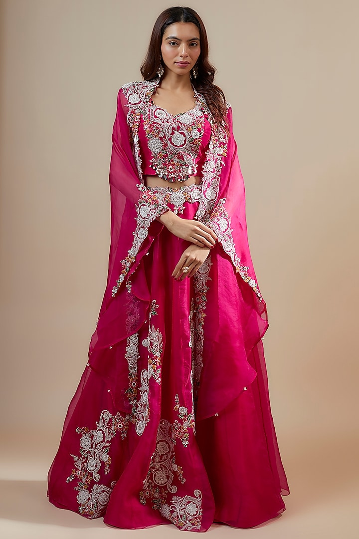 Fuchsia Organza Dori Work Kalidar Skirt Set by Prisho