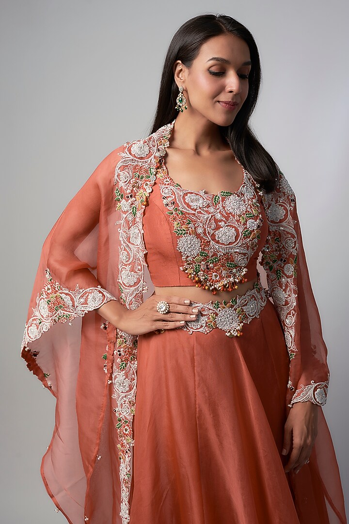 Orange Organza Dori Embroidered Skirt Set by Prisho at Pernia's Pop Up Shop