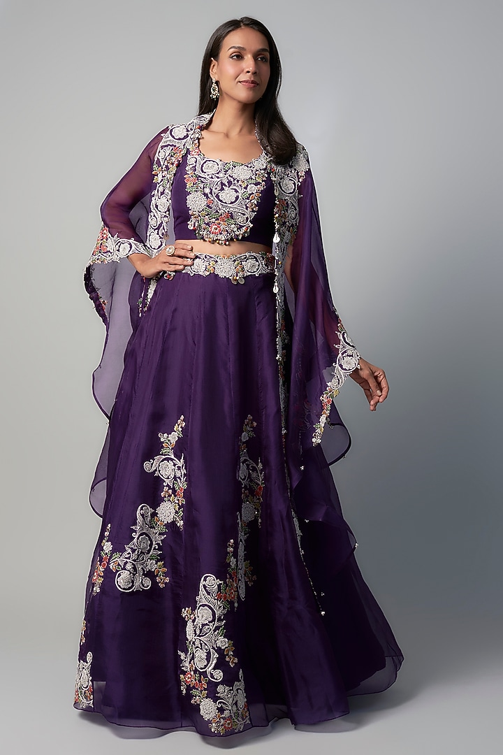 Purple Organza Dori Embroidered Skirt Set by Prisho at Pernia's Pop Up Shop