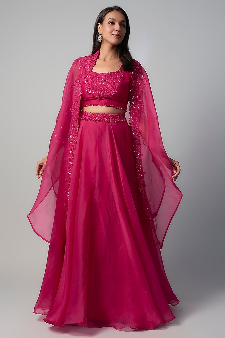 Fuchsia Organza Resham Embroidered Skirt Set by Prisho at Pernia's Pop Up Shop