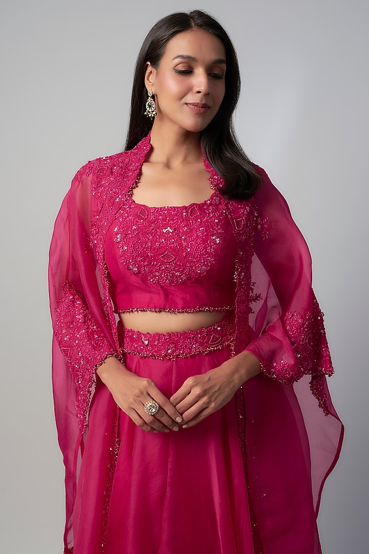 Fuchsia Organza Resham Embroidered Skirt Set by Prisho at Pernia's Pop Up Shop