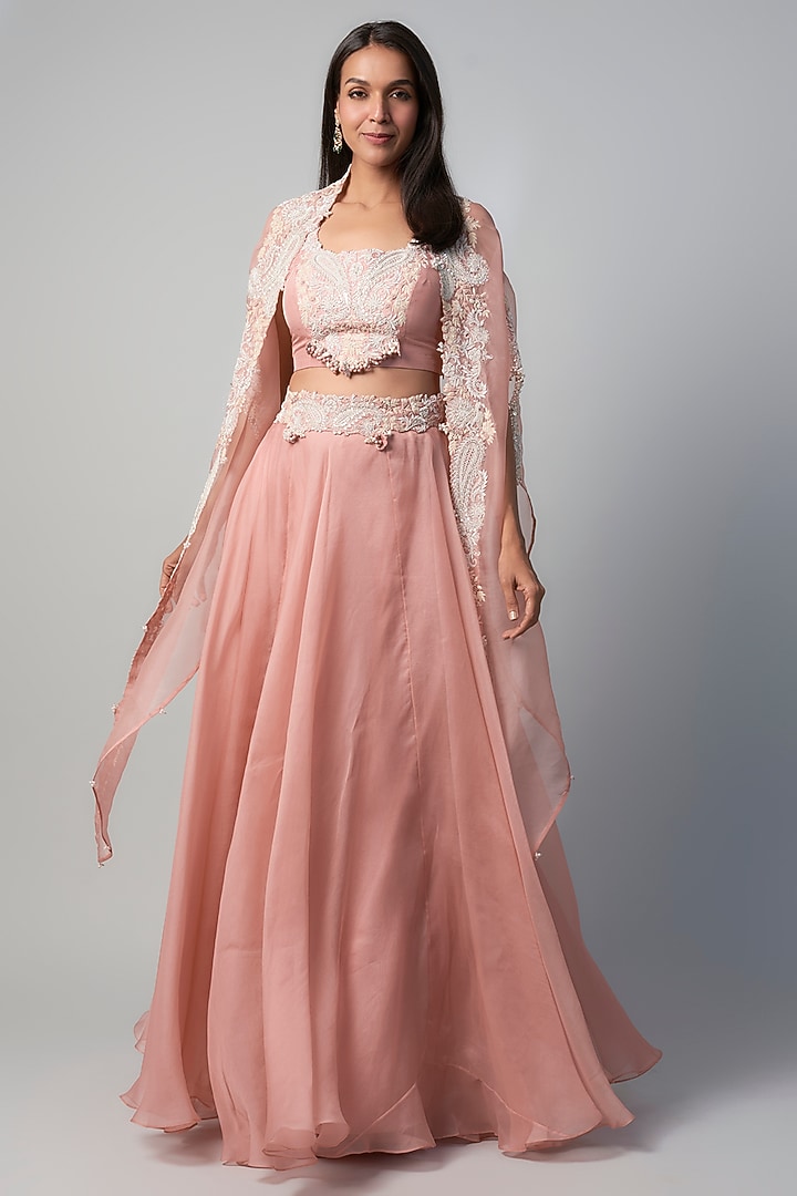 Flamingo Pink Organza Resham Embroidered Skirt Set by Prisho at Pernia's Pop Up Shop