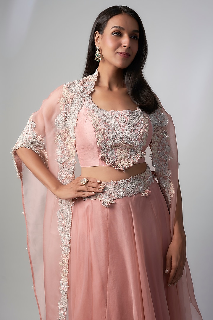 Flamingo Pink Organza Resham Embroidered Skirt Set by Prisho at Pernia's Pop Up Shop
