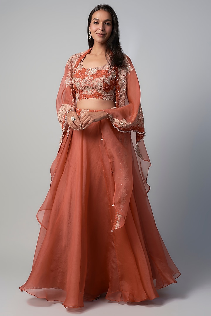 Deep Orange Organza Dori Embroidered Skirt Set by Prisho at Pernia's Pop Up Shop